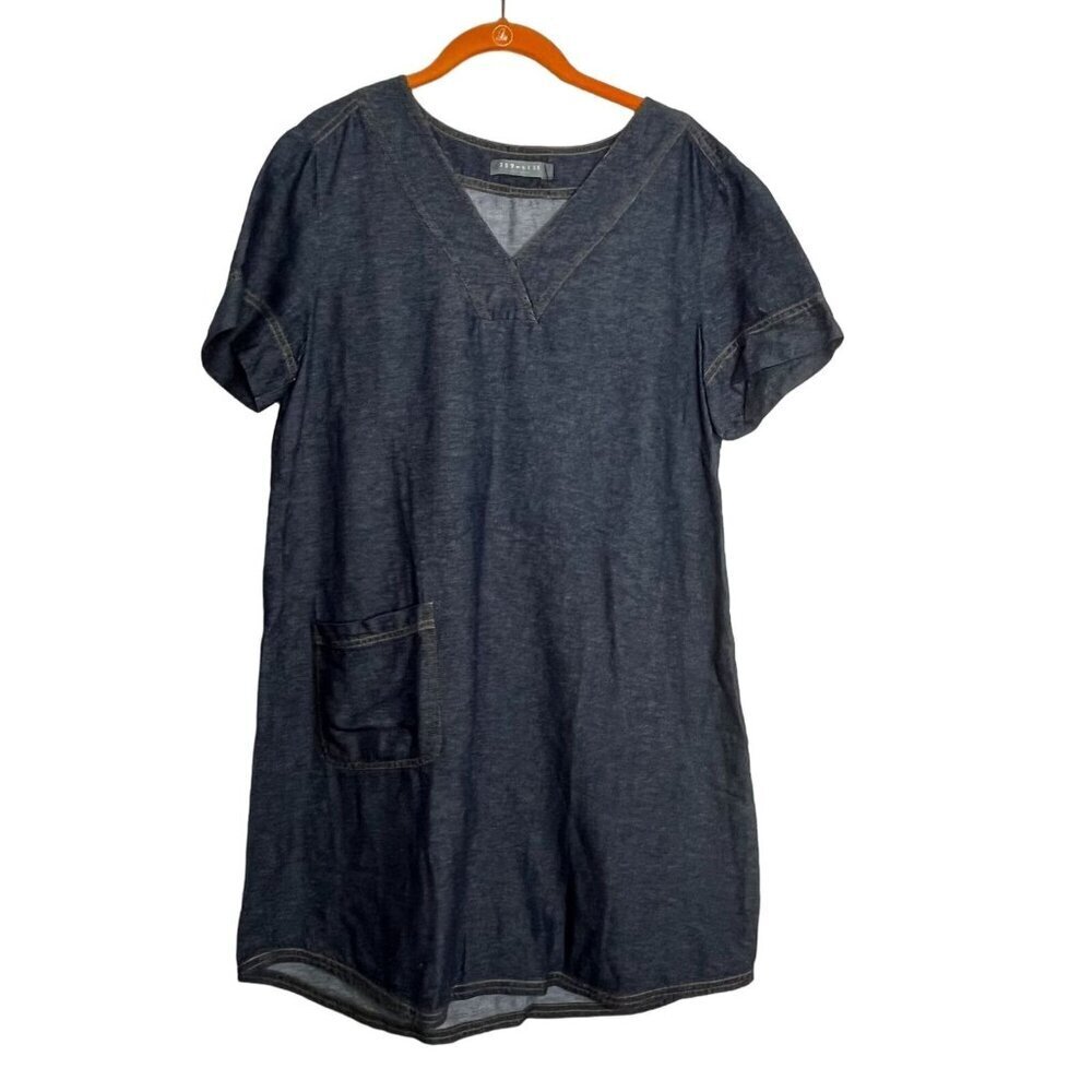 209WST38 Cotton Linen Blend Blue Denim Feel V-Neck Shift Dress Size Medium